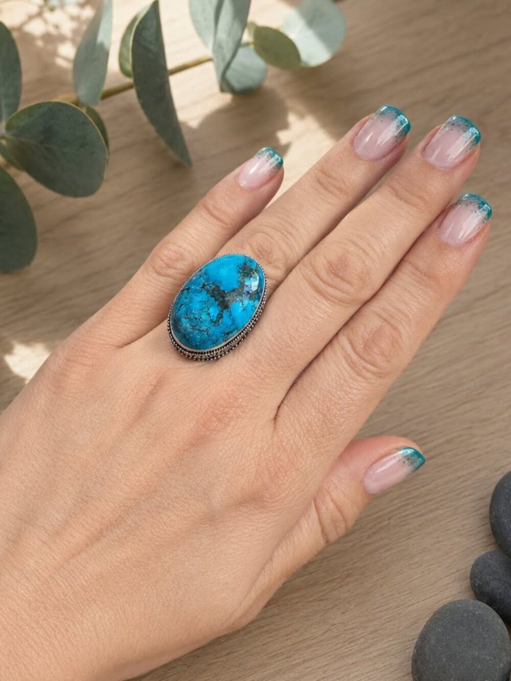 925 Sterling Silver Genuine Turquoise Large Oval Cabochon Western Ring Size 8.5 - Picture 3 of 15